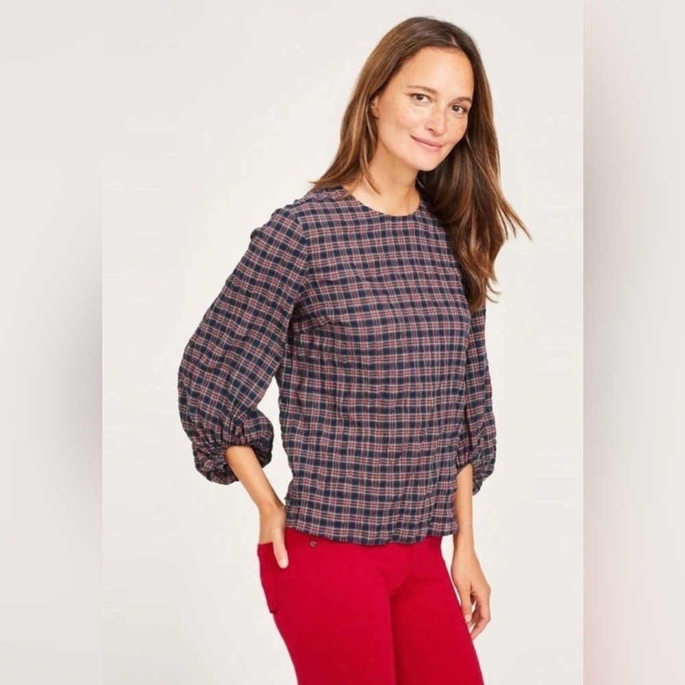 J.McLaughlin Tartan Plaid Seersucker Size Med Cotton Blouse Blouson Sleeve Women